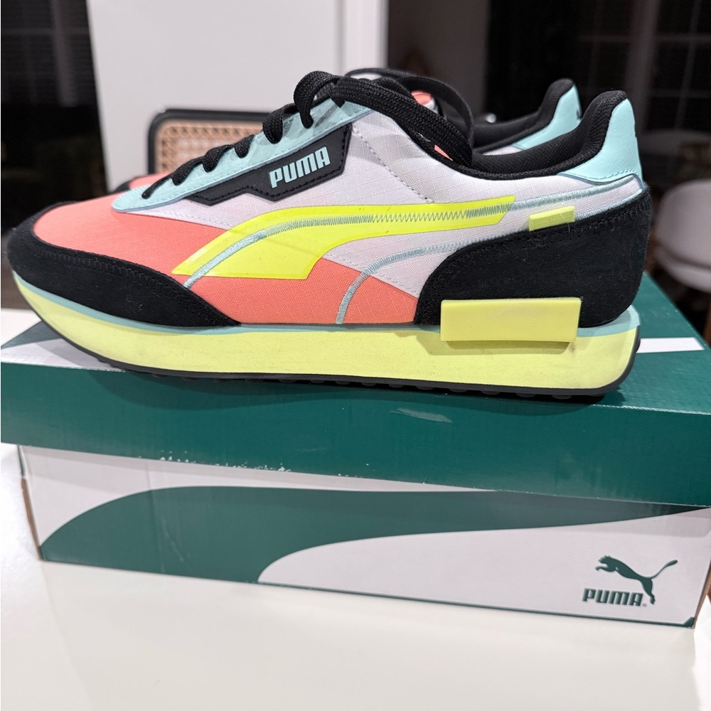 Puma Coral and Neon Yellow Sneakers